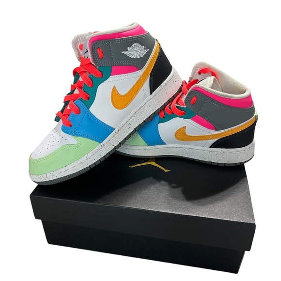 Nike Air Jordan 1 Mid GS 4.5Y White Taxi-Dark Shadow Sneakers - Picture 2 of 11